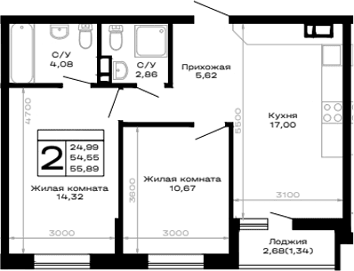 Продается 2-комн. квартира, 54.55 м²