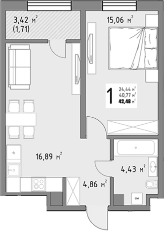 Продается 1-комн. квартира, 40.77 м²