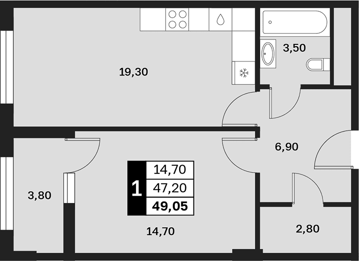 Продается 1-комн. квартира, 47.15 м²