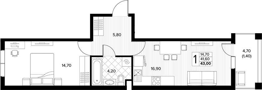 Продается 1-комн. квартира, 41.6 м²