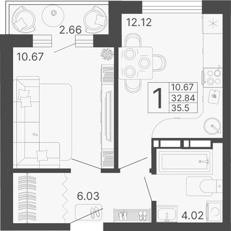 Продается 1-комн. квартира, 32.84 м²