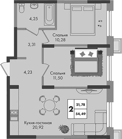 Продается 2-комн. квартира, 54.49 м²