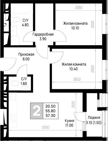 Продается 2-комн. квартира, 55.8 м²