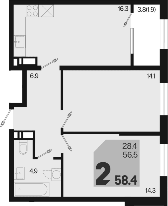 Продается 2-комн. квартира, 56.5 м²