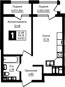 Продается 1-комн. квартира, 39.19 м²