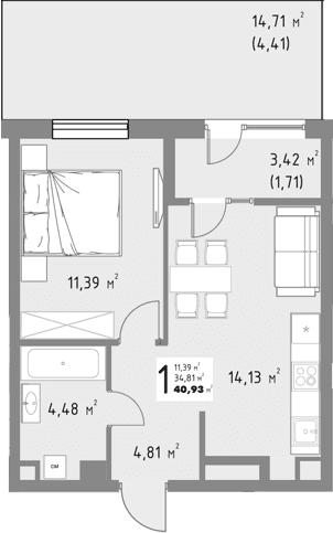 Продается 1-комн. квартира, 34.81 м²