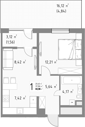 Продается 1-комн. квартира, 37.86 м²