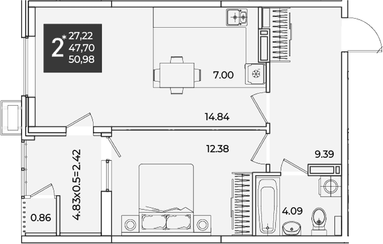 Продается 1-комн. квартира, 47.7 м²