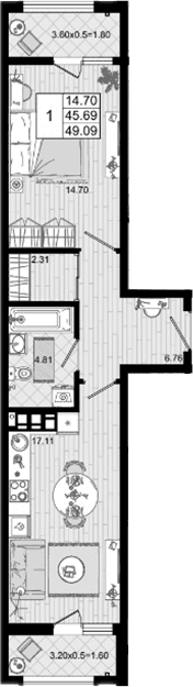 Продается 1-комн. квартира, 45.69 м²