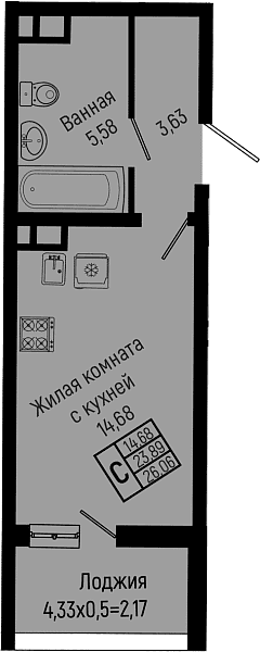 Продается 1-комн. квартира, 23.89 м²