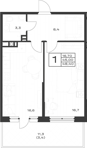 Продается 1-комн. квартира, 45.8 м²