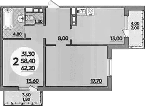 Продается 2-комн. квартира, 58.4 м²