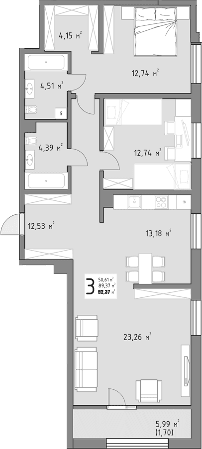 Продается 3-комн. квартира, 90.57 м²