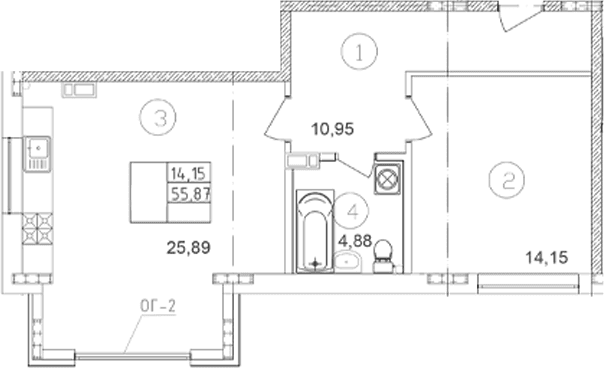 Продается 1-комн. квартира, 55.87 м²