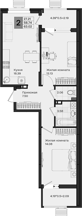 Продается 2-комн. квартира, 58.74 м²
