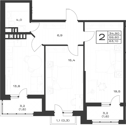 Продается 2-комн. квартира, 59.6 м²
