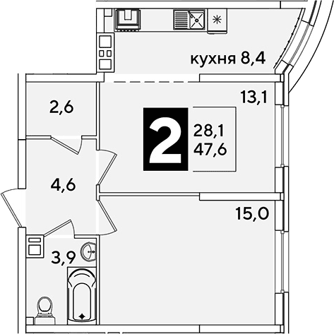 Продается 2-комн. квартира, 47.6 м²