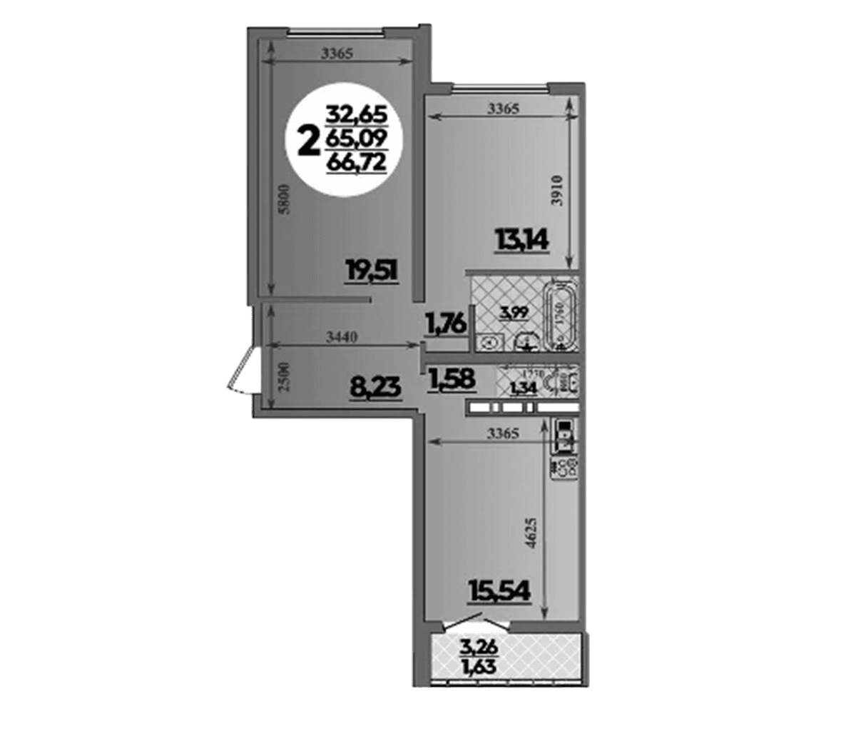 Продается 2-комн. квартира, 65.09 м²