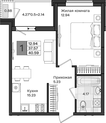 Продается 1-комн. квартира, 37.57 м²