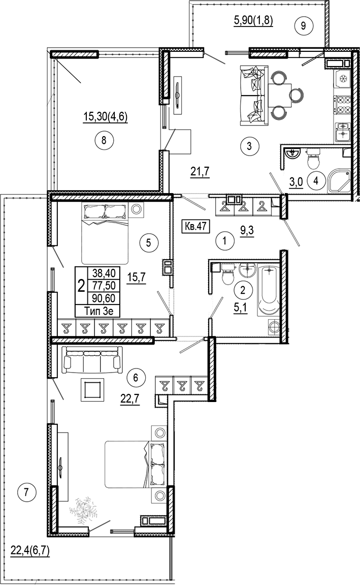 Продается 2-комн. квартира, 77.5 м²