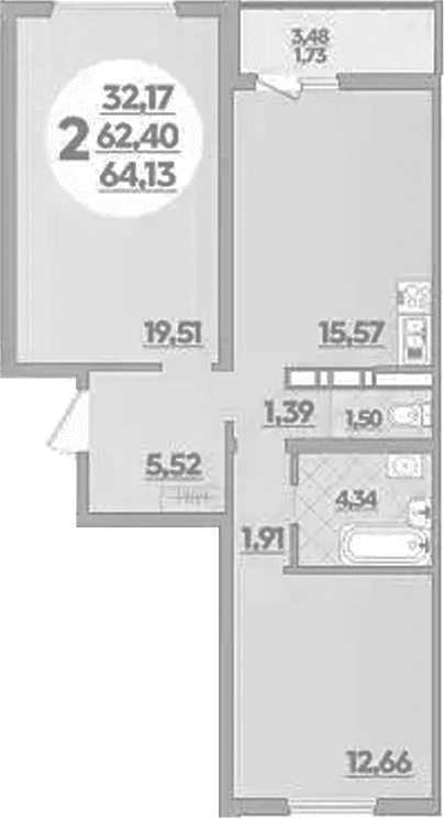 Продается 2-комн. квартира, 62.4 м²