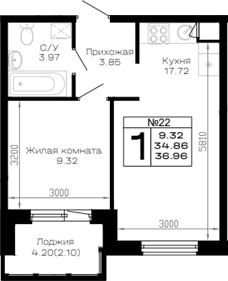 Продается 1-комн. квартира, 34.86 м²