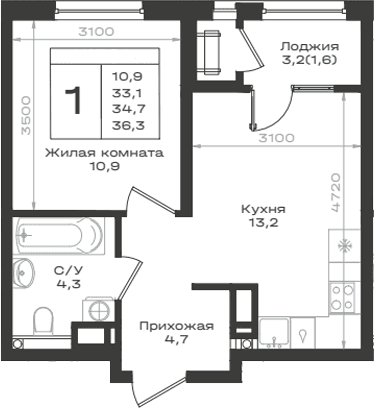 Продается 1-комн. квартира, 33.1 м²