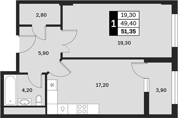 Продается 1-комн. квартира, 49.4 м²