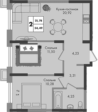 Продается 2-комн. квартира, 54.49 м²
