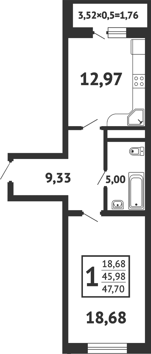 Продается 1-комн. квартира, 45.16 м²