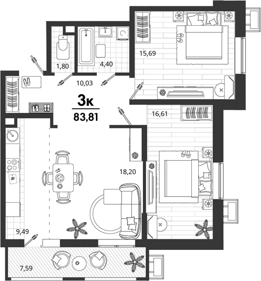 Продается 2-комн. квартира, 76.22 м²