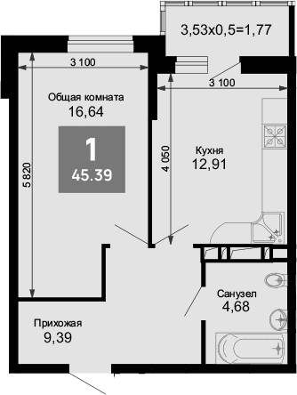 Продается 1-комн. квартира, 44.09 м²