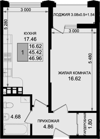 Продается 1-комн. квартира, 45.42 м²