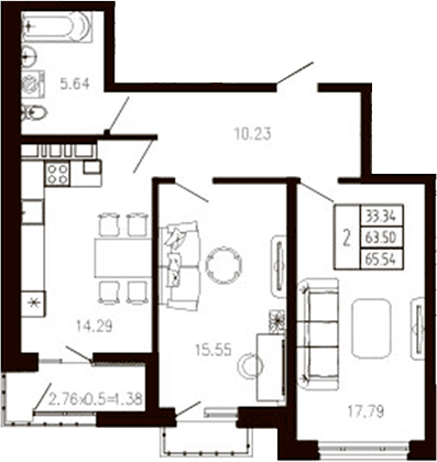 Продается 2-комн. квартира, 63.86 м²