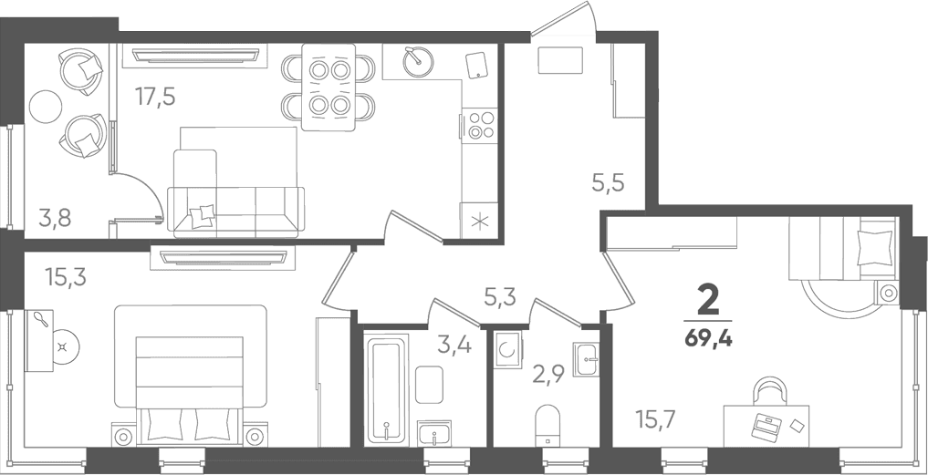 Продается 2-комн. квартира, 65.6 м²