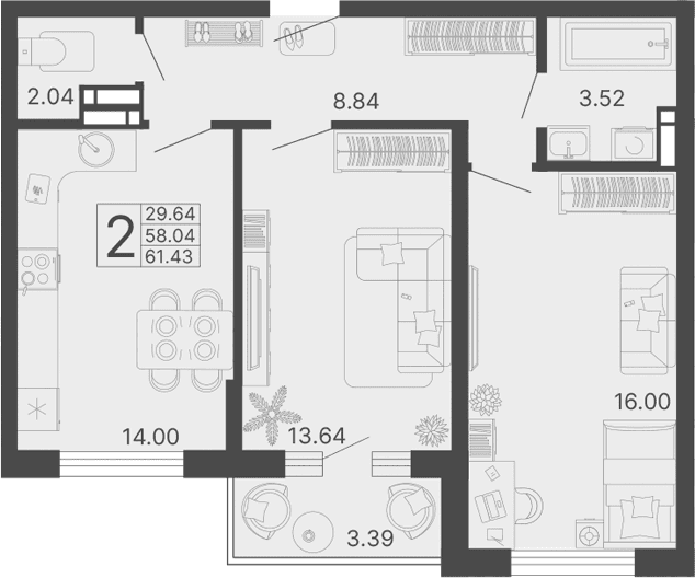 Продается 2-комн. квартира, 58.04 м²