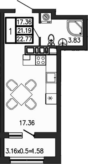 Продается 1-комн. квартира, 21.19 м²