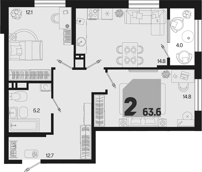 Продается 2-комн. квартира, 59.6 м²