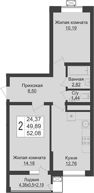 Продается 2-комн. квартира, 49.89 м²