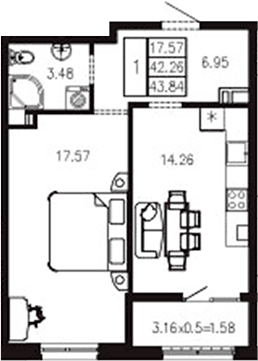 Продается 1-комн. квартира, 42.22 м²