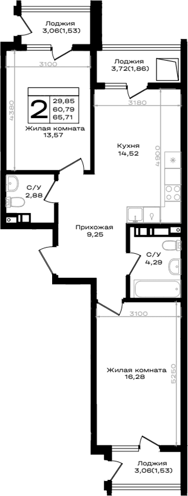 Продается 2-комн. квартира, 60.79 м²