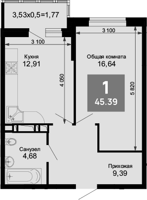 Продается 1-комн. квартира, 43.62 м²
