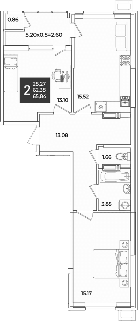 Продается 2-комн. квартира, 63.24 м²
