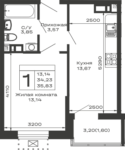 Продается 1-комн. квартира, 34.23 м²