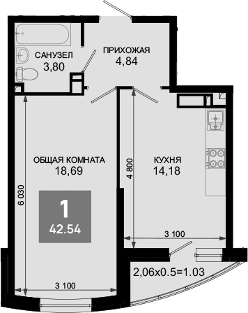Продается 1-комн. квартира, 41.51 м²