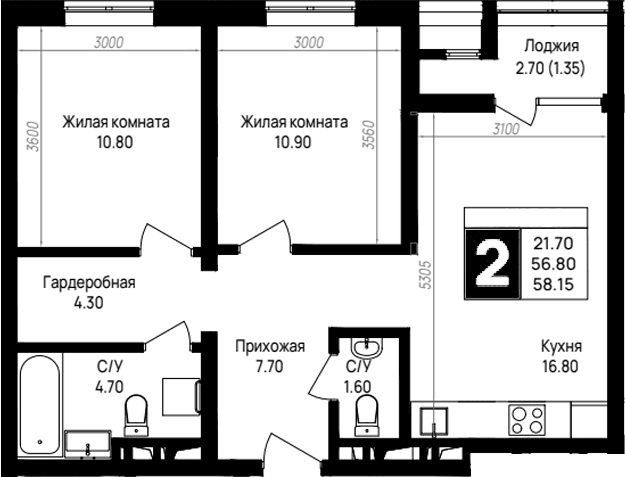 Продается 2-комн. квартира, 56.8 м²