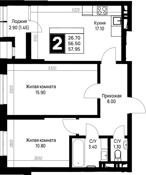 Продается 2-комн. квартира, 56.5 м²
