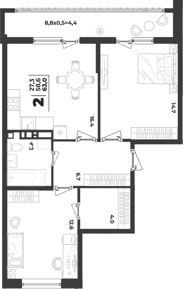 Продается 2-комн. квартира, 58.6 м²