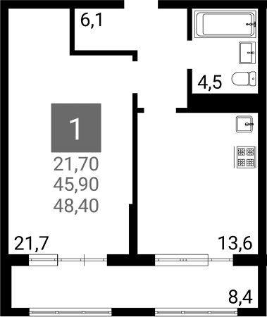 Продается 1-комн. квартира, 45.9 м²