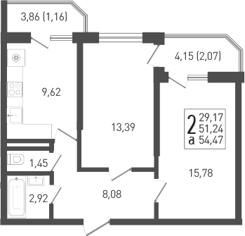 Продается 2-комн. квартира, 52.39 м²